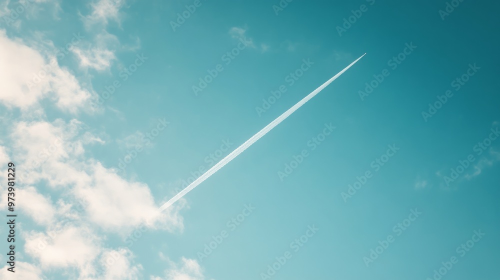 A cloudless, crisp blue sky during the day, with a single plane leaving a trail of white vapor as it flies overhead. A cloudless, crisp blue sky during the day, with a single plane leaving a trail of white vapor as it flies overhead.