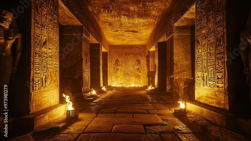 A mysterious ancient chamber illuminated by warm light, featuring intricate carvings and statues that evoke a sense of history.
