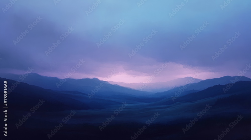 Fototapeta premium A dim, overcast sky as dusk nears, with light gradually fading into deep blues and purples, creating a peaceful, tranquil atmosphere.