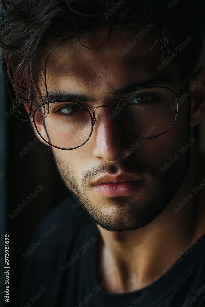 A close-up portrait of a young man with glasses, showcasing a thoughtful expression and dramatic lighting. A close-up portrait of a young man with glasses, showcasing a thoughtful expression and dramatic lighting.