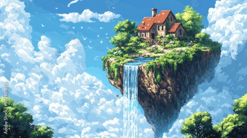 Pixelated Dreams: 16-Bit Sky Island with Waterfalls and Retro Village in Soft Colors