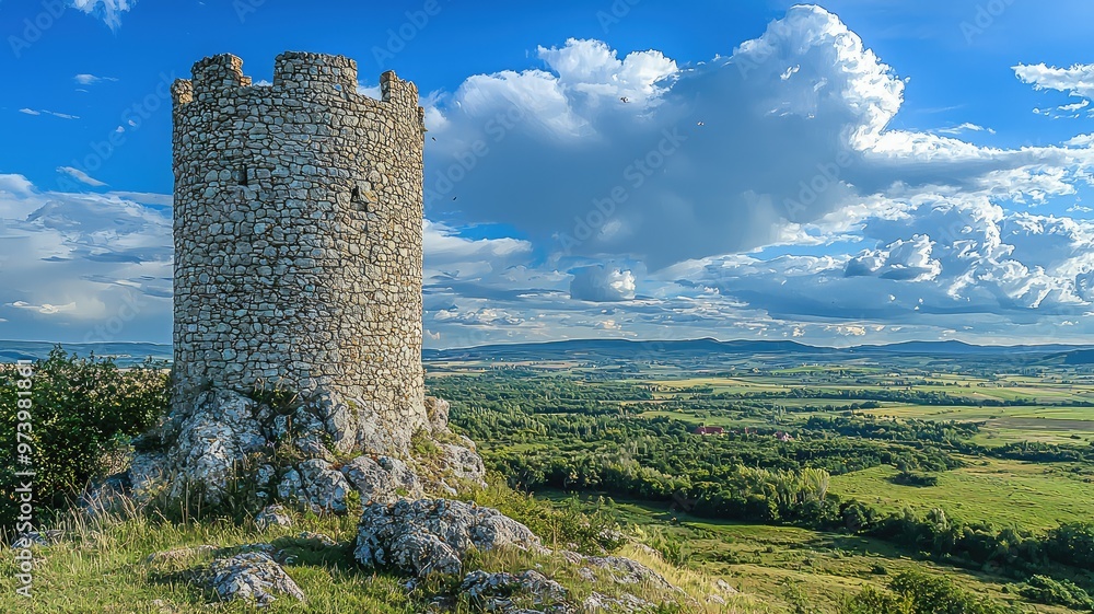 A picturesque stone tower on a hilltop, surrounded by lush green landscape and a dramatic sky filled with fluffy clouds. A picturesque stone tower on a hilltop, surrounded by lush green landscape and a dramatic sky filled with fluffy clouds.