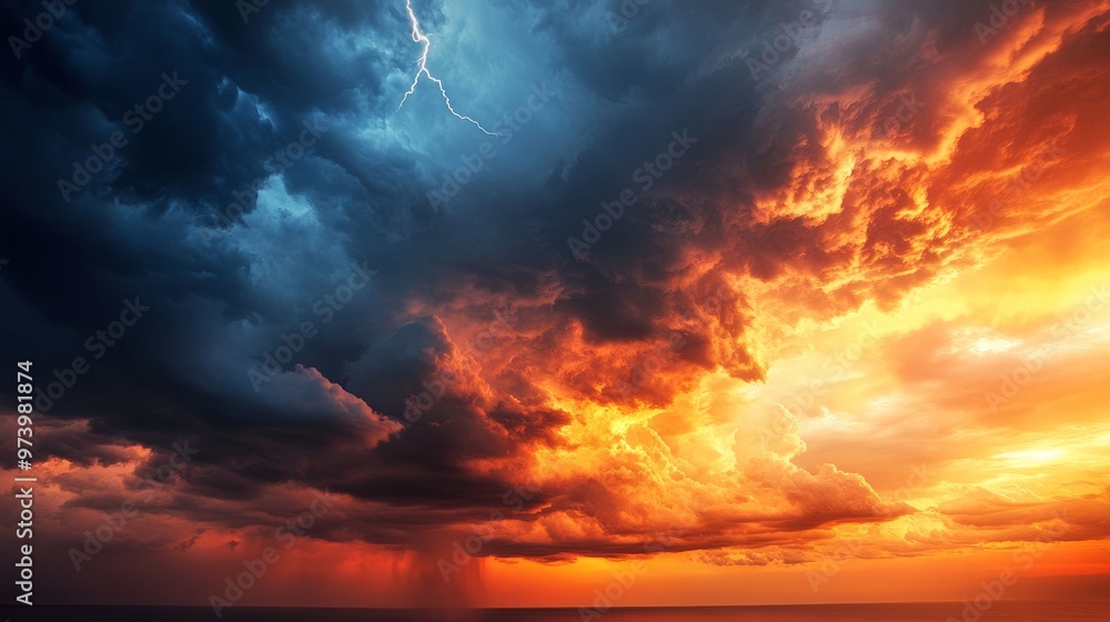 A dramatic sky with dark storm clouds rolling in, lightning flashing in the distance, contrasting with the golden light of sunset A dramatic sky with dark storm clouds rolling in, lightning flashing in the distance, contrasting with the golden light of sunset