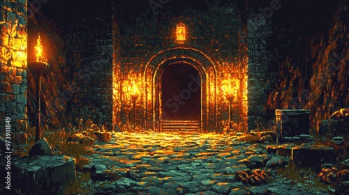 Retro Pixelated Dungeon with Stone Walls, Bones, and Glowing Torches in 8-Bit Style