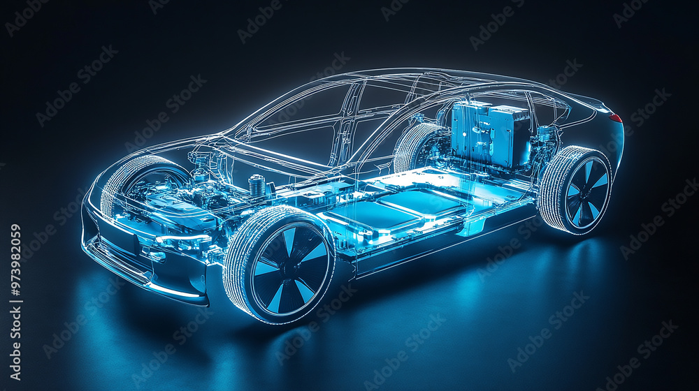An electric car with an illuminated transparent blue body An electric car with an illuminated transparent blue body