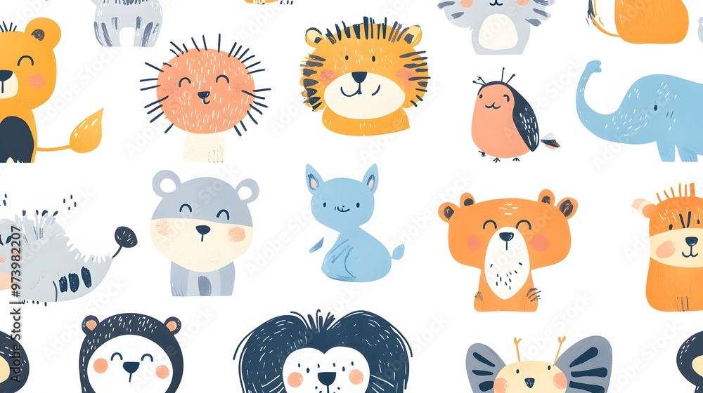 A colorful pattern of cute cartoon animal faces on a white background. A colorful pattern of cute cartoon animal faces on a white background.