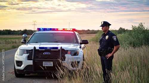 A police officer stands next to a patrol car with flashing lights at sunset, representing law enforcement and public safety. photo