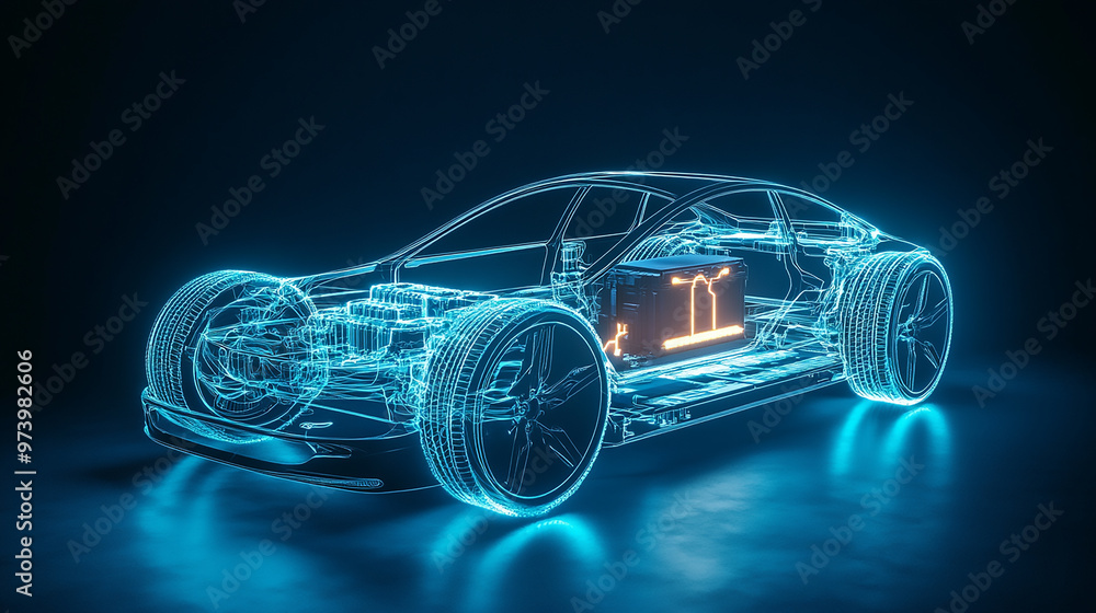 Naklejka premium Frontside Futuristic AR car wireframe concept, generative ai, Augmented reality wireframe of car concept with blue background hyper realistic