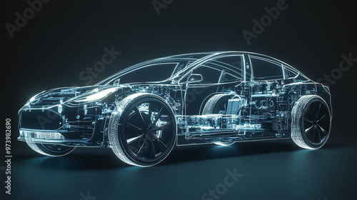 Frontside Futuristic AR car wireframe concept, generative ai, Augmented reality wireframe of car concept with blue background hyper realistic photo