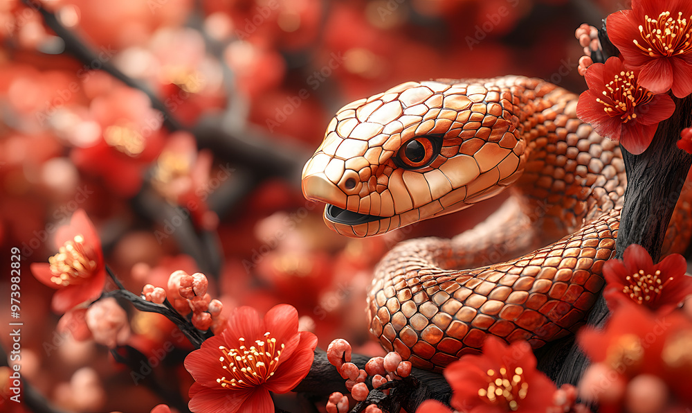 “A Golden Snake with Its Mouth Open, Surrounded by Delicate Flowers, Depicting a Striking Contrast Between the Serpent’s Ferocity and Nature’s Beauty, Ideal for Themes of Power, Danger, and Elegance i “A Golden Snake with Its Mouth Open, Surrounded by Delicate Flowers, Depicting a Striking Contrast Between the Serpent’s Ferocity and Nature’s Beauty, Ideal for Themes of Power, Danger, and Elegance i