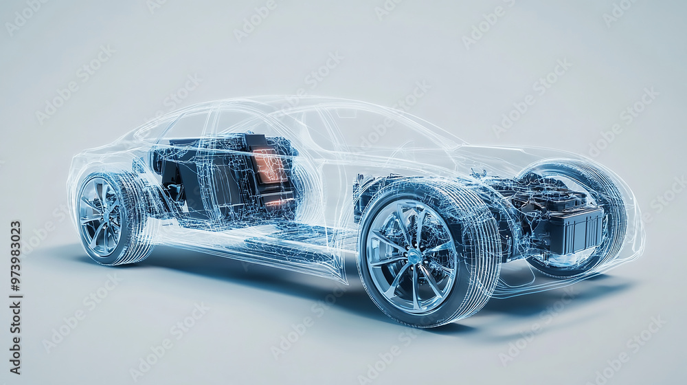 Fototapeta premium Illustration of a sportier car with cut section shows partial inside details of the car, a Generative AI image.