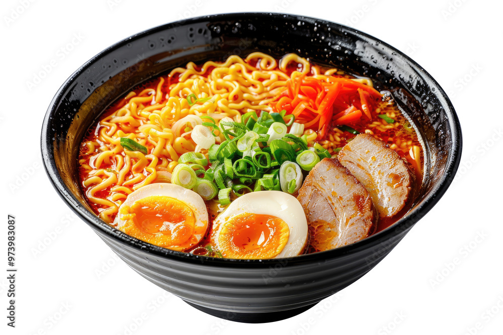 Ramen noodles with boiled eggs in black bowl isolated on transparent white background, clipping path