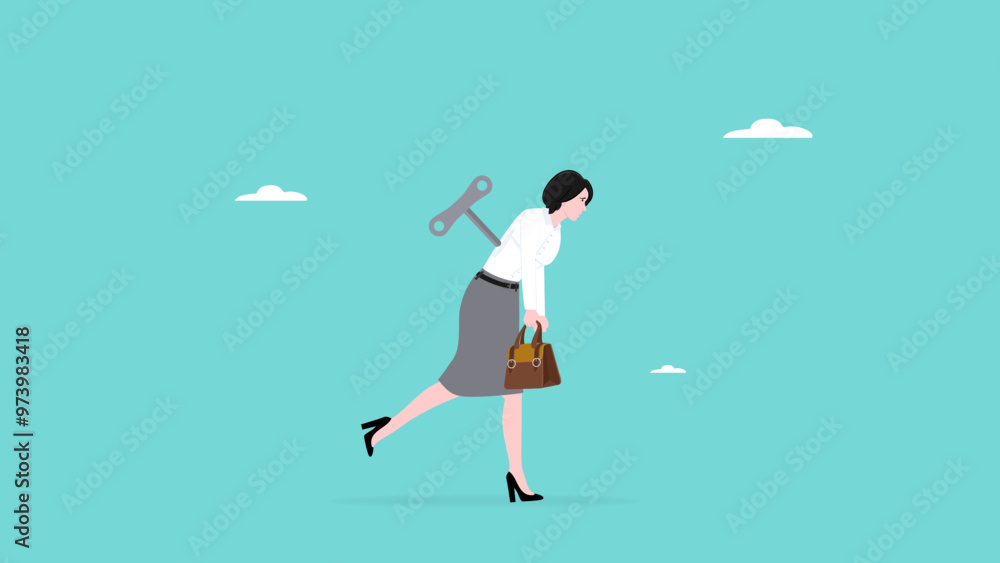 Businesswoman tired with wind up key design vector illustration suitable to describe someone whose life is controlled by someone else, importance of identity Businesswoman tired with wind up key design vector illustration suitable to describe someone whose life is controlled by someone else, importance of identity