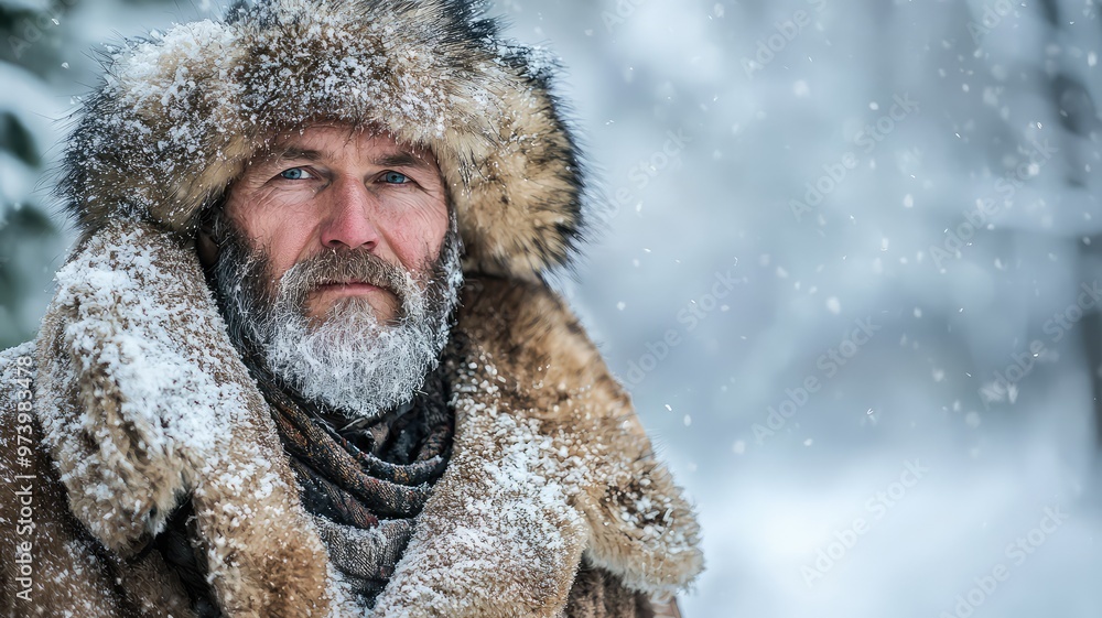 A rugged man with a beard, dressed in winter fur clothing, standing in a snowy landscape, exuding strength and resilience. A rugged man with a beard, dressed in winter fur clothing, standing in a snowy landscape, exuding strength and resilience.