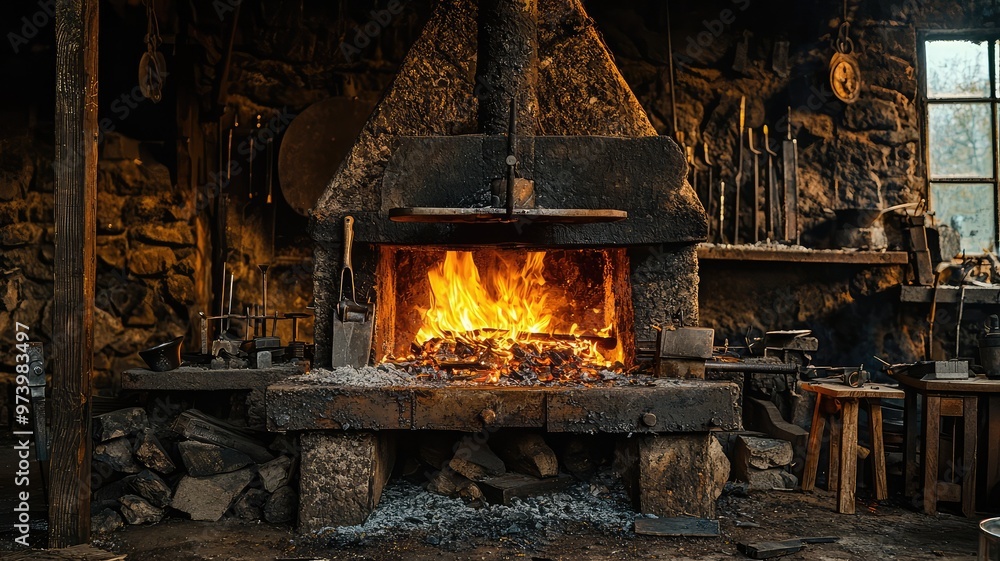 A rustic forge with a roaring fire, surrounded by tools and stone, showcasing the art of blacksmithing in a cozy atmosphere. A rustic forge with a roaring fire, surrounded by tools and stone, showcasing the art of blacksmithing in a cozy atmosphere.