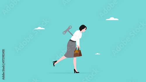 Businesswoman tired with wind up key design vector illustration suitable to describe someone whose life is controlled by someone else, importance of identity