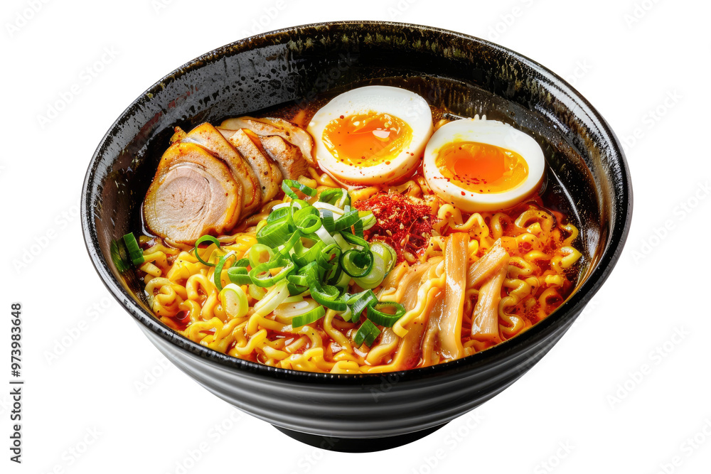 Ramen noodles with boiled eggs in black bowl isolated on transparent white background, clipping path Ramen noodles with boiled eggs in black bowl isolated on transparent white background, clipping path