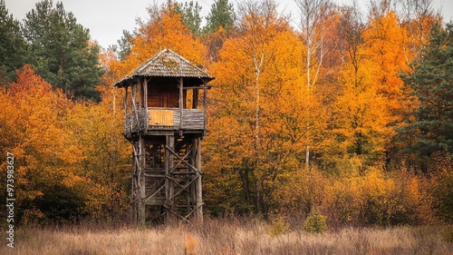 A scenic wooden lookout tower surrounded by vibrant autumn foliage, offering a picturesque view of nature's beauty.