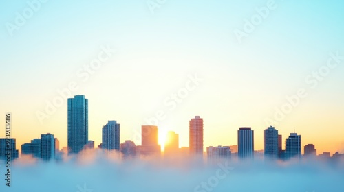 Stunning Cityscape with Skyscrapers at Sunrise Softened by Mist