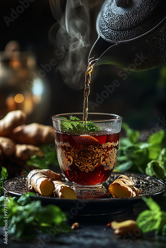 Turkish tea with ginger and mint being poured from a glass into a traditional black tea cup on a dark table surrounded by fresh herbs.