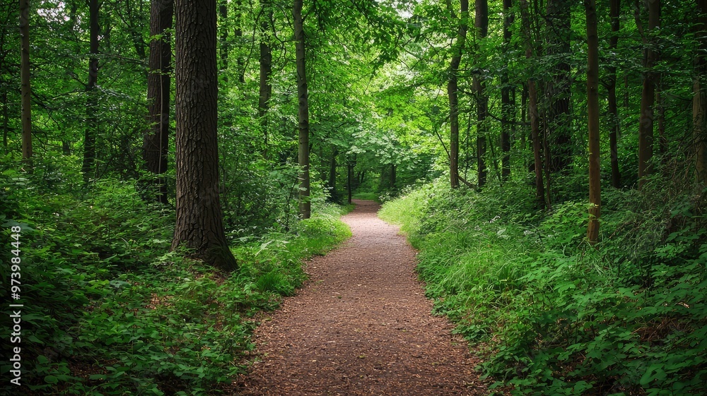 Fototapeta premium A serene forest path surrounded by lush greenery, perfect for a peaceful walk or nature retreat.