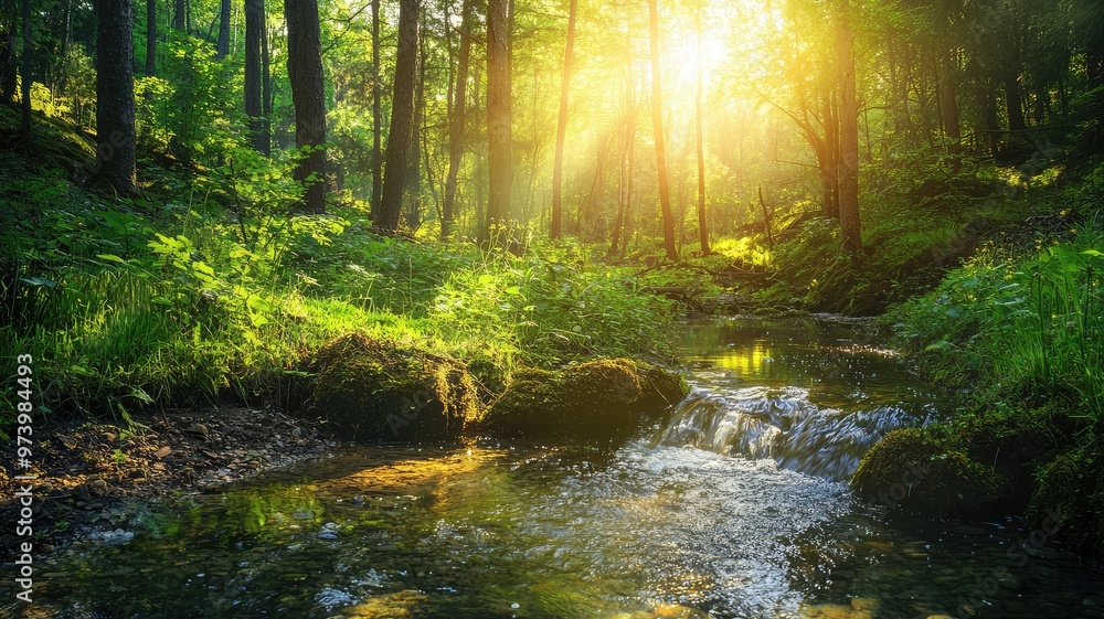 Fototapeta premium A serene forest scene with sunlight streaming through trees, illuminating a gentle stream and lush greenery, creating a tranquil atmosphere.