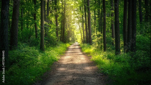 A serene forest path illuminated by sunlight, surrounded by lush greenery, perfect for nature walks and peaceful retreats.