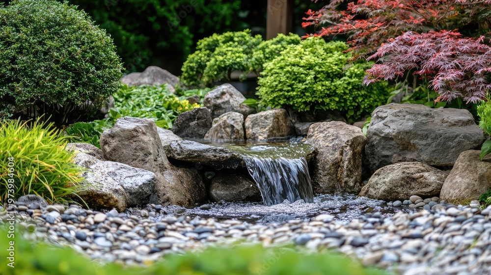 A serene garden featuring a tranquil water stream cascading over rocks surrounded by vibrant greenery and colorful plants. A serene garden featuring a tranquil water stream cascading over rocks surrounded by vibrant greenery and colorful plants.