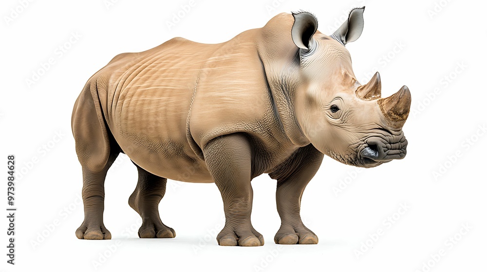 Obraz premium Rare Species Awareness Powerful Portrait of Endangered Rhinoceros Standing Strong Emphasizing Wildlife Conservation Biodiversity Protection and Environmental Responsibility