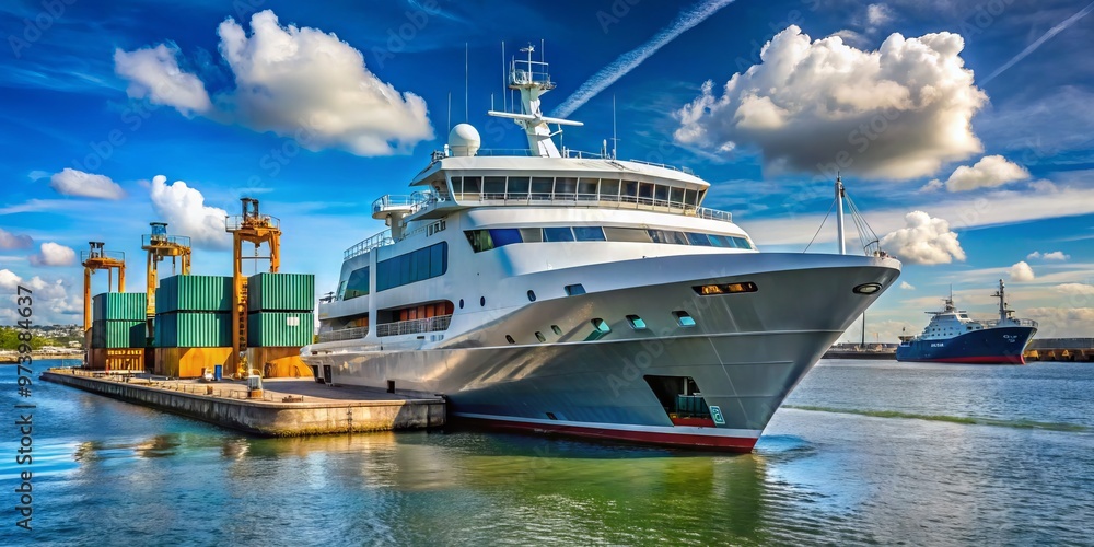 Naklejka premium A sturdy, high-performance vessel with sleek design and advanced navigation systems, docked at a bustling harbor, ready