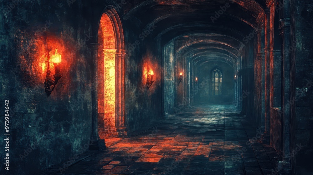 Retro Medieval Castle Hallway with Pixelated Banners and Flickering Torches in 16-Bit Style, Earthy Tones and Clean Composition Retro Medieval Castle Hallway with Pixelated Banners and Flickering Torches in 16-Bit Style, Earthy Tones and Clean Composition