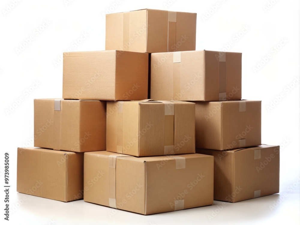 A sturdy stack of sturdy brown cardboard boxes, neatly aligned and secured with packing tape, against a clean A sturdy stack of sturdy brown cardboard boxes, neatly aligned and secured with packing tape, against a clean