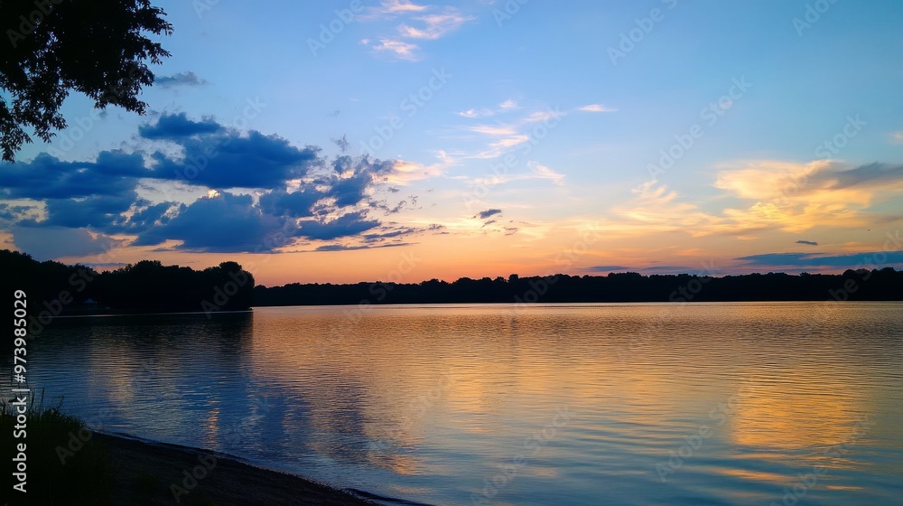 Fototapeta premium A serene evening sky just before dusk, with deep blue fading into warm amber tones and gentle clouds drifting by