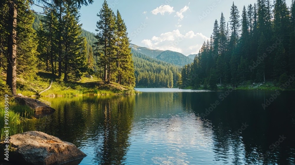 Fototapeta premium A serene lake surrounded by lush forest, reflecting the clear blue sky and mountains. Perfect for nature and travel enthusiasts.