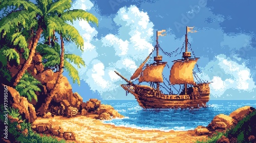Retro Pirate Cove Beach Scene with 8-Bit Treasure Chests and Ship in Warm Tones - Vintage Adventure Pixel Art Landscape