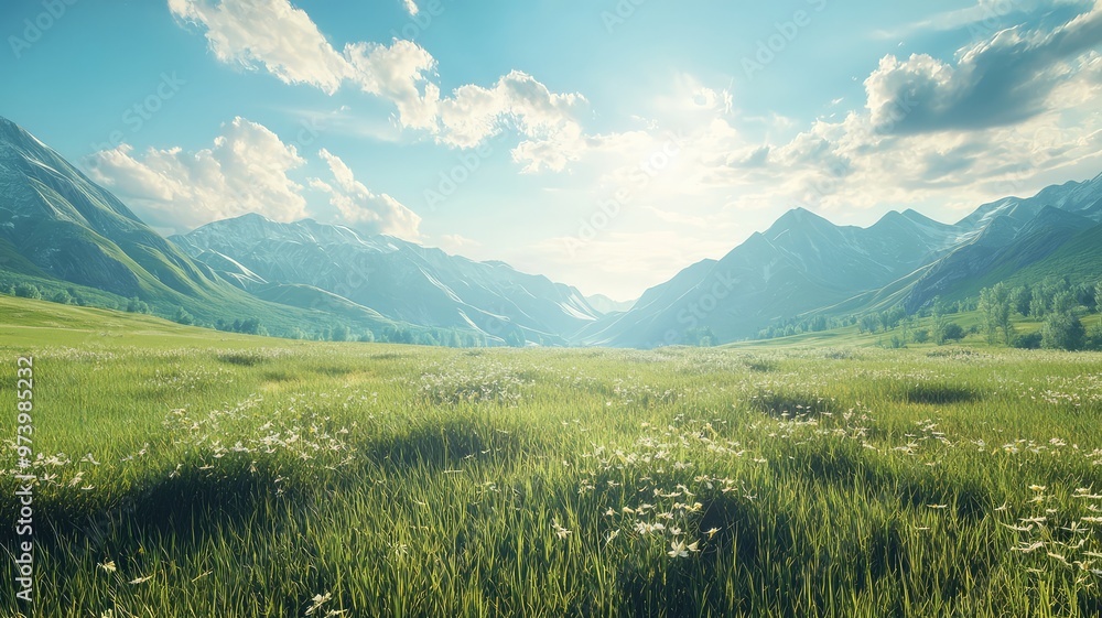 Fototapeta premium A serene landscape showcasing lush green grass and majestic mountains under a bright blue sky with fluffy clouds.