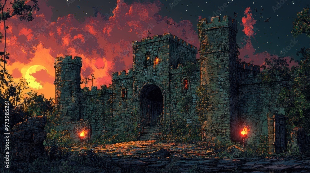 Naklejka premium Retro Pixel Art of Medieval Fortress with Flickering Torches and Overgrown Ivy in Earthy Hues - Vintage Game Design