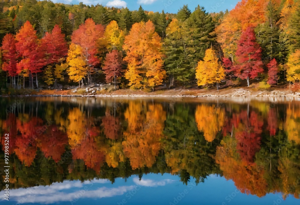Obraz premium Autumn Trees by Crystal Lake, Mirror Image of Fall Colors in Lake, Colorful Fall Foliage Reflected in Lake, Scenic Landscape with Red Trees, Tranquil Haven, Nature's Tapestry. Ai generated image