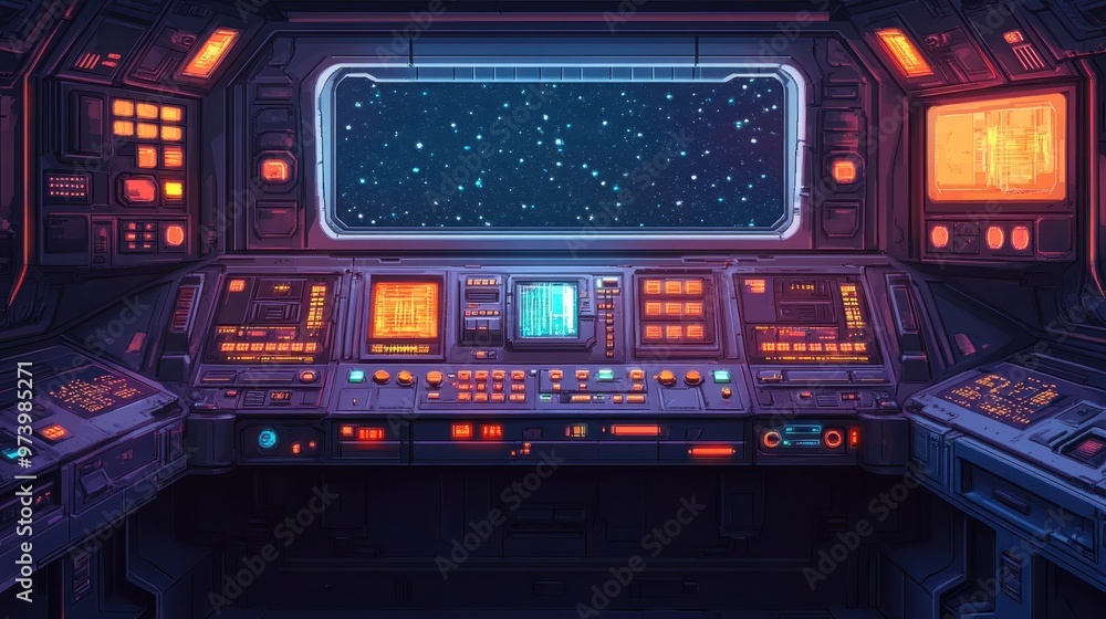 Retro Sci-Fi Alien Spaceship Interior with Pixelated Control Panels and Starry Window in Cool Tones Retro Sci-Fi Alien Spaceship Interior with Pixelated Control Panels and Starry Window in Cool Tones