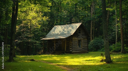 A serene log cabin nestled in a lush green forest, surrounded by trees and natural beauty, perfect for a peaceful retreat.