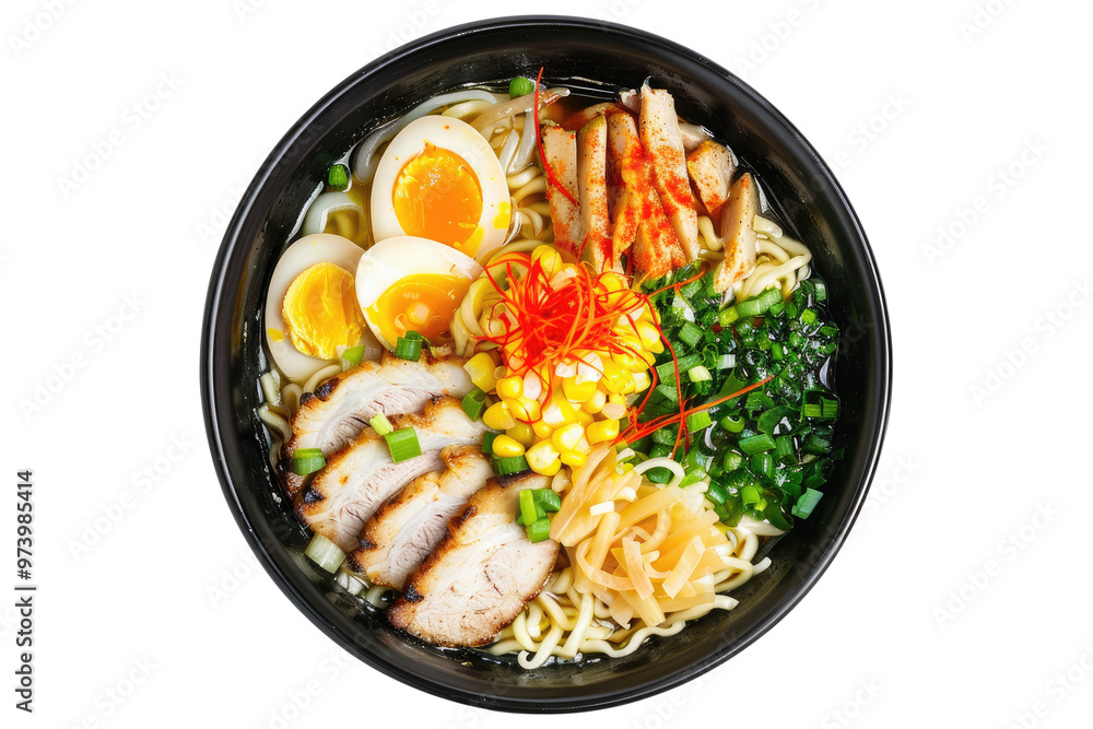 Ramen noodles with boiled eggs in black bowl isolated on transparent white background, clipping path Ramen noodles with boiled eggs in black bowl isolated on transparent white background, clipping path