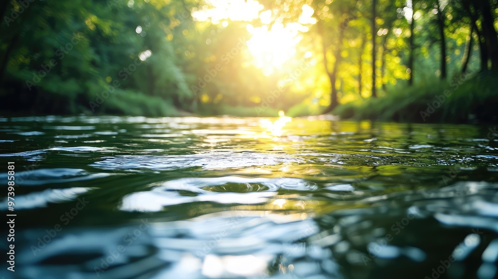 Fototapeta premium A serene river reflects the golden sunlight, surrounded by lush greenery, creating a tranquil and peaceful nature scene.
