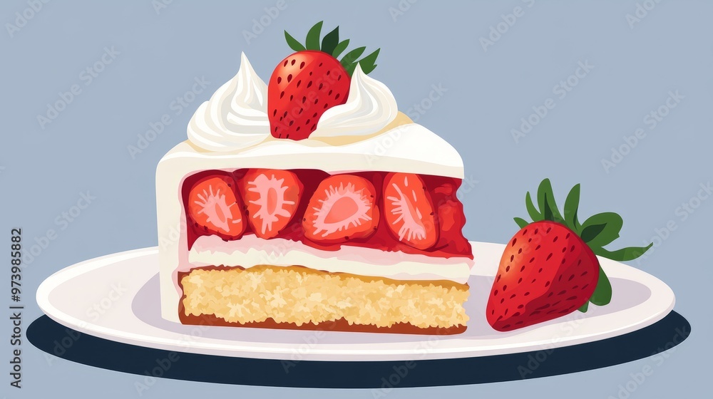 A slice of strawberry cake with layers of sponge, whipped cream, and fresh strawberry pieces, garnished with a single strawberry on the side A slice of strawberry cake with layers of sponge, whipped cream, and fresh strawberry pieces, garnished with a single strawberry on the side