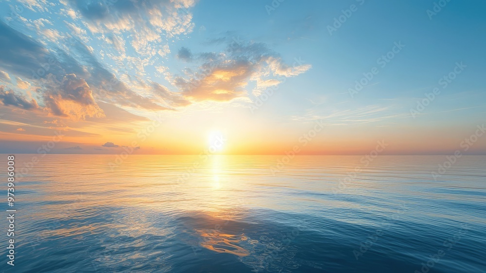 Naklejka premium A serene sunset over calm waters, showcasing vibrant colors in the sky reflecting on the tranquil sea surface.