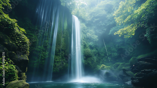 a pristine waterfall in dense forest, long exposure effect