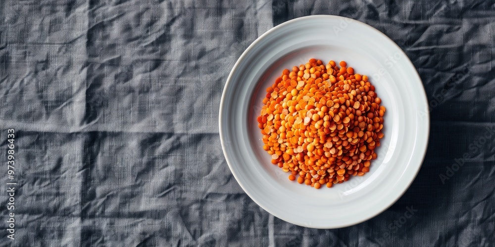 Red lentils displayed on a white plate atop a gray linen table covering Red lentils displayed on a white plate atop a gray linen table covering
