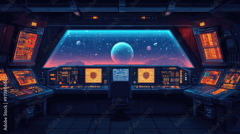Retro Sci-Fi Space Station Control Room with Pixelated Screens and Distant Planets in 16-Bit Style Retro Sci-Fi Space Station Control Room with Pixelated Screens and Distant Planets in 16-Bit Style