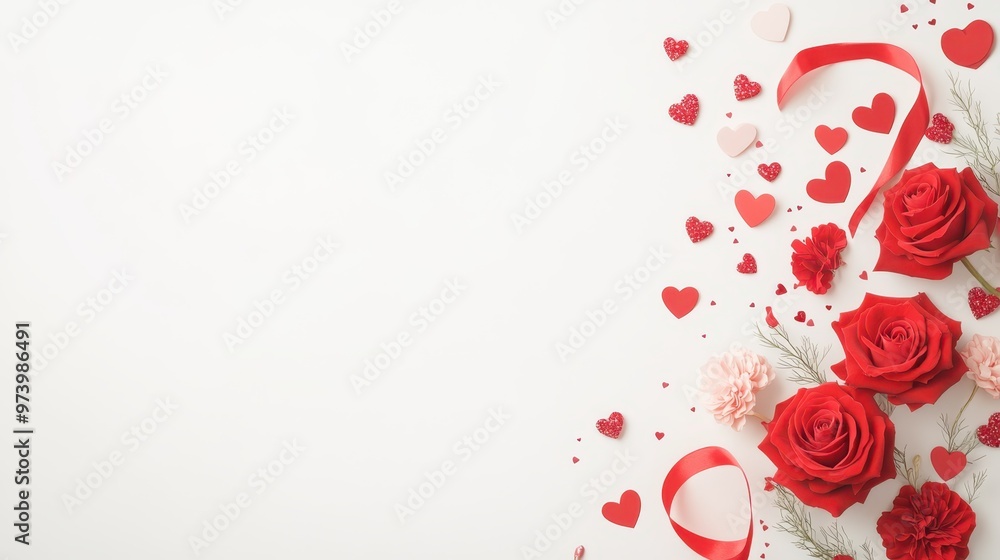 Red roses, paper hearts, and glitter scattered on a white surface with ribbon accents. Romantic or Valentine's Day decoration concept. Red roses, paper hearts, and glitter scattered on a white surface with ribbon accents. Romantic or Valentine's Day decoration concept.