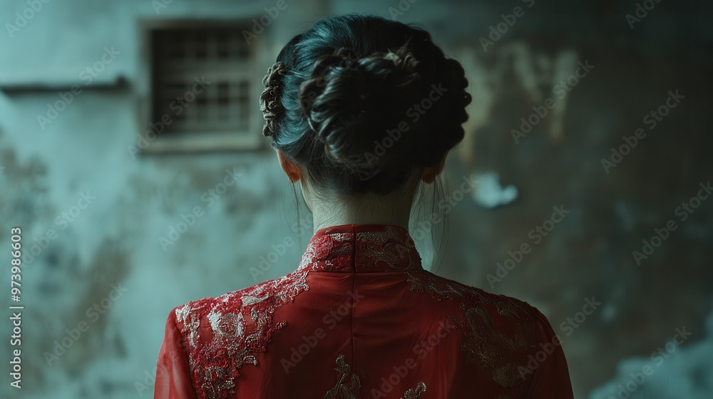 A serene silhouette of a woman in a red traditional dress, showcasing cultural elegance against a rustic backdrop. A serene silhouette of a woman in a red traditional dress, showcasing cultural elegance against a rustic backdrop.