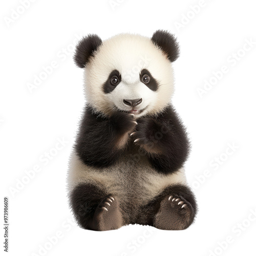 Adorable Baby Panda Sitting and Looking Curious with Paws Up - Isolated on Background